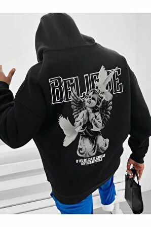 Unisex Believe Baskılı Oversize Kapüşonlu Siyah Sweatshirt