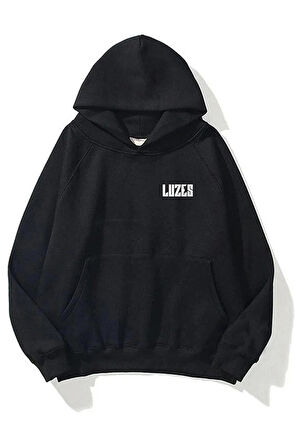 Unisex Luzes Baskılı Oversize Kapüşonlu Siyah Sweatshirt