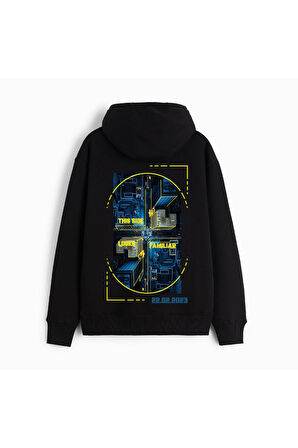 Unisex Familiar Baskılı Oversize Kapüşonlu Siyah Sweatshirt