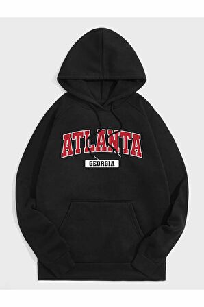 Unisex Atlanta Georgia Baskılı Oversize Kapüşonlu Siyah Sweatshirt