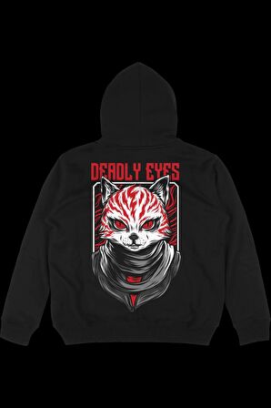 Unisex Deadly Eyes Baskılı Oversize Kapüşonlu Siyah Sweatshirt