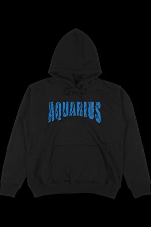 Unisex Aquarius Baskılı Oversize Kapüşonlu Siyah Sweatshirt