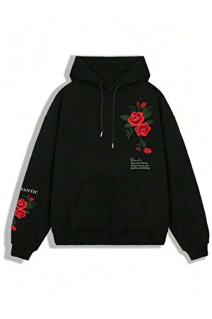 Unisex Romantic Baskılı Oversize Kapüşonlu Siyah Sweatshirt