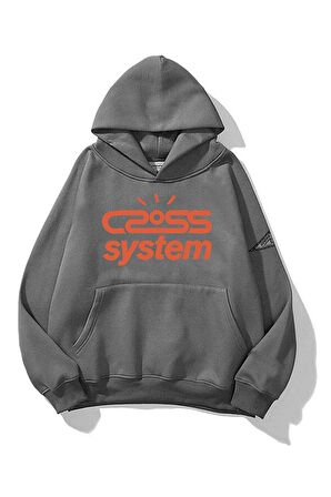 Unisex Cross System Baskılı Oversize Kapüşonlu Antrasit Gri Sweatshirt