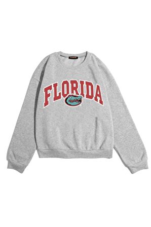 Unisex Florida Baskılı Oversize Gri Bisiklet Yaka Sweatshirt