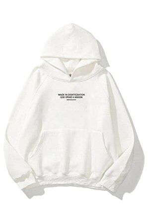 Unisex God Opened A Window Baskılı Oversize Kapüşonlu Beyaz Sweatshirt