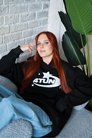 Unisex 4Tune Baskılı Oversize Kapüşonlu Siyah Sweatshirt