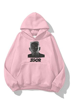 Unisex IGOR Baskılı Oversize Kapüşonlu Pembe Sweatshirt