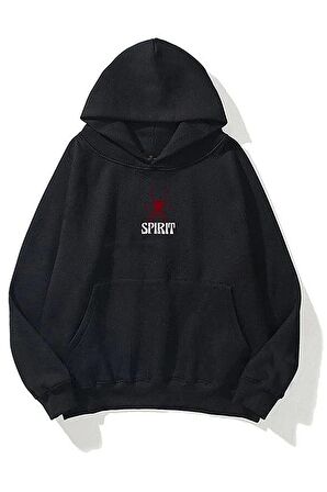 Unisex Spirit Baskılı Oversize Kapüşonlu Siyah Sweatshirt