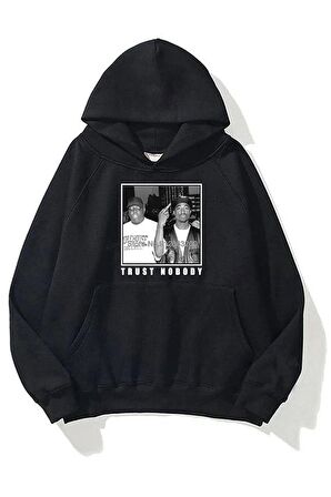 Unisex Trust Nobody Baskılı Oversize Kapüşonlu Siyah Sweatshirt