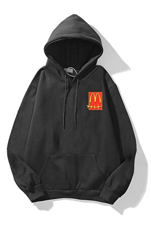 Unisex Mc Donalds Baskılı Oversize Kapüşonlu Antrasit Gri Sweatshirt