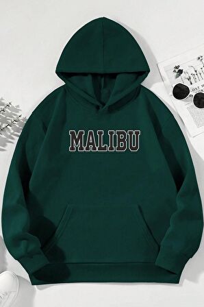 Unisex Malibu Baskılı Oversize Kapüşonlu Yeşil Sweatshirt