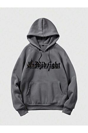 Unisex Midnight Baskılı Oversize Kapüşonlu Antrasit Gri Sweatshirt