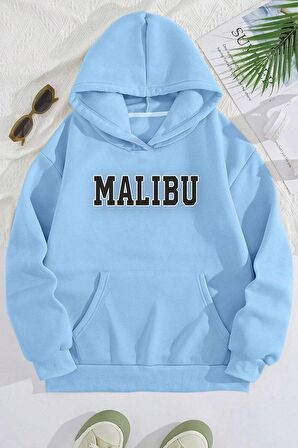 Unisex Malibu Baskılı Oversize Kapüşonlu Bebek Mavisi Sweatshirt