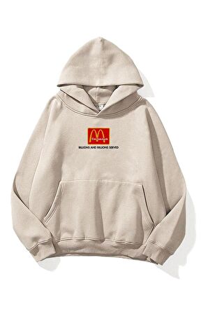 Unisex Mc Donalds Cactus Jack Baskılı Oversize Kapüşonlu Bej Sweatshirt