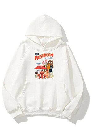 Unisex Mushroom Fan Club Baskılı Oversize Kapüşonlu Beyaz Sweatshirt