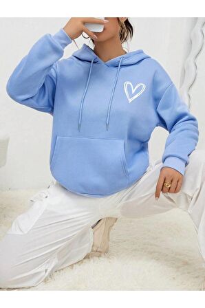 Unisex Kalp Baskılı Oversize Kapüşonlu Bebek Mavisi Sweatshirt