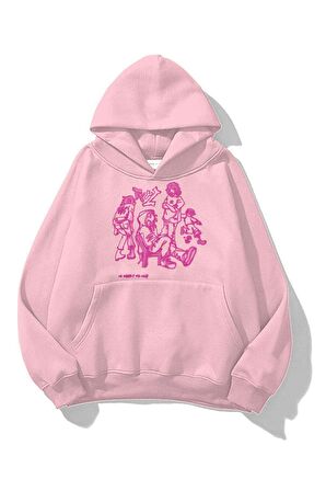 Unisex Baskılı Oversize Kapüşonlu Pembe Sweatshirt