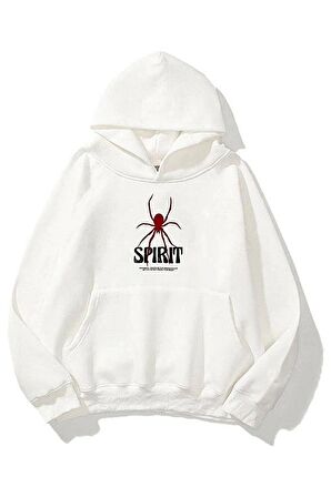 Unisex Spirit Baskılı Oversize Kapüşonlu Beyaz Sweatshirt