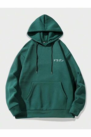 Unisex Ejderha Baskılı Oversize Kapüşonlu Yeşil Sweatshirt