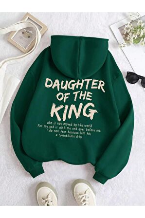 Unisex Daughter Of The King Baskılı Oversize Kapüşonlu Yeşil Sweatshirt