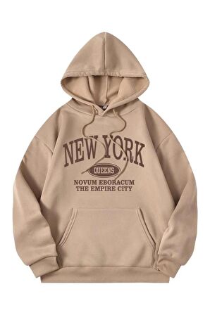 Unisex New York Queens Baskılı Oversize Kapüşonlu Bej Sweatshirt