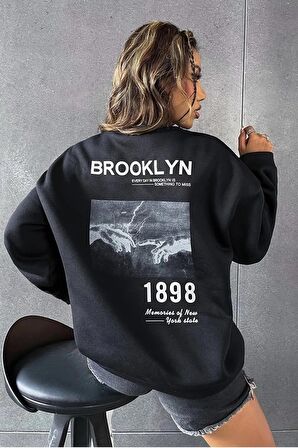 Unisex Brooklyn Baskılı Oversize Siyah Bisiklet Yaka Sweatshirt