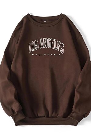 Unisex Los Angeles Baskılı Oversize Kahverengi Bisiklet Yaka Sweatshirt