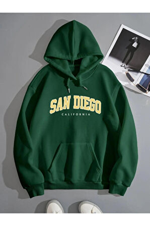 Unisex San Diego Baskılı Oversize Kapüşonlu Yeşil Sweatshirt