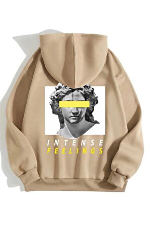 Unisex Intense Feeling Baskılı Oversize Kapüşonlu Bej Sweatshirt