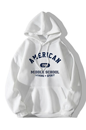 Unisex American High School Baskılı Oversize Kapüşonlu Beyaz Sweatshirt