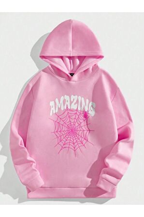 Unisex Amazing Baskılı Oversize Kapüşonlu Pembe Sweatshirt