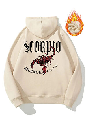 Unisex Scorpio Baskılı Oversize Kapüşonlu Krem Sweatshirt