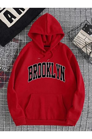 Unisex Brooklyn Baskılı Oversize Kapüşonlu Kırmızı Sweatshirt