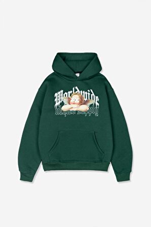 Unisex Worldwide Baskılı Oversize Kapüşonlu Yeşil Sweatshirt