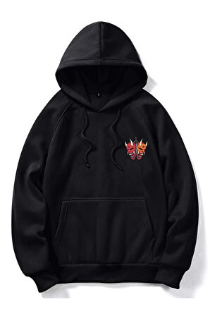 Unisex Devil Head Baskılı Oversize Kapüşonlu Siyah Sweatshirt