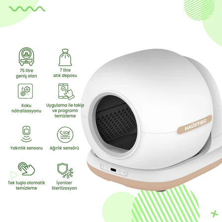 Haustier CB001 Akıllı Otomatik Kedi Tuvaleti, APP ile Kontrol, 75lt İç Hazne, 7lt Çöp Haznesi