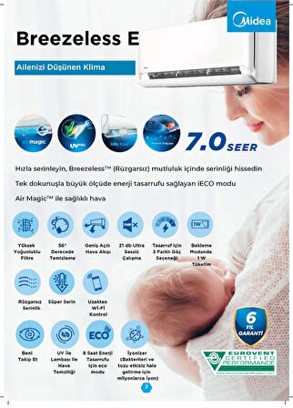 2024 Model A+++ Midea Breezeless E 12.000 Btu Duvar Tipi Klima Wi-fi