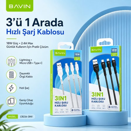 Bavin Typce Usb Hızlı Şarj Çoklu Hızlı Şarj Kablosu 3in1 Siyah Örgülü
