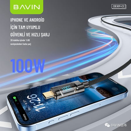 100W Type-C LED Ekranlı, Hızlı Şarj ve Data Kablosu Örgülü Tüm Cihazlarla Uyumlu