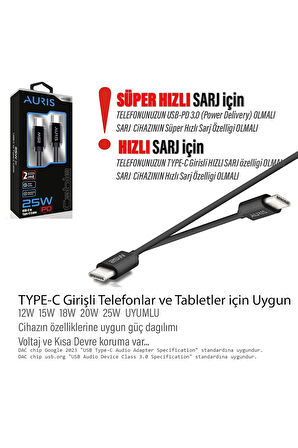 Samsung A33 A34 A35 A53 A54 A55 Type-C den Type-C ye 2 metre Uzun Şarj Kablosu 25W 2M