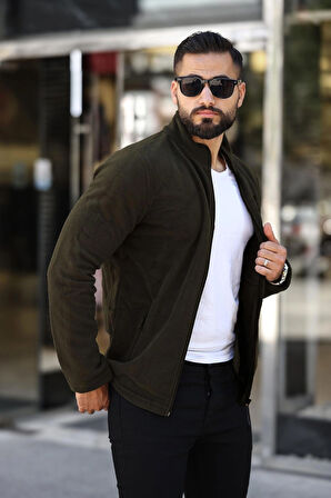 Erkek Haki Polar Standart Tam Fermuarlı 3 Cepli Erkek Polar