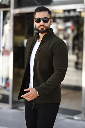 Erkek Haki Polar Standart Tam Fermuarlı 3 Cepli Erkek Polar