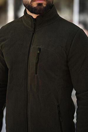 Erkek Haki Polar Standart Tam Fermuarlı 3 Cepli Erkek Polar