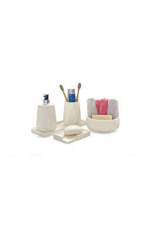 Trendy Mermer Temalı Beton Banyo Aksesuar Seti (5 Parça)