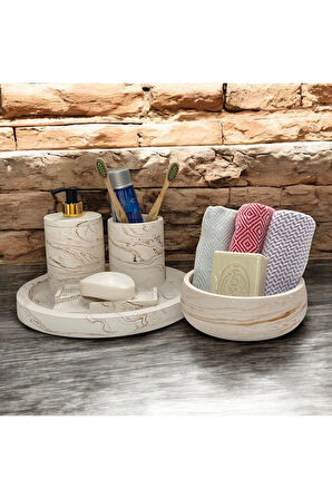 Mermer Desenli Klasik Beton Banyo Aksesuar Seti (5 Parça)