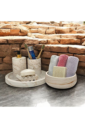 Mermer Desenli Beton Aksesuarlarla Donatılmış Elegan Banyo Seti (5 Parça)