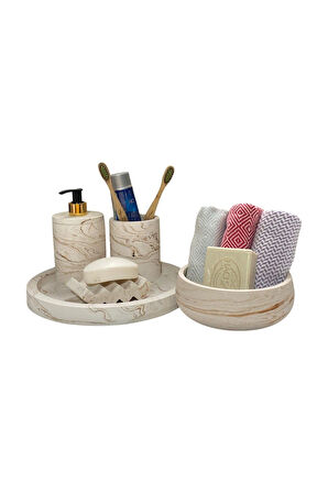 Mermer Desenli Beton Aksesuarlarla Donatılmış Elegan Banyo Seti (5 Parça)