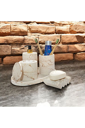 Modern Sanat Eseri Gibi Mermer Desenli Beton Banyo Aksesuar Seti (5 Parça)
