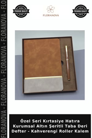 Özel Seri Kırtasiye Hatıra Kurumsal Altın Şeritli Taba Deri Defter - Kahverengi Roller Kalem